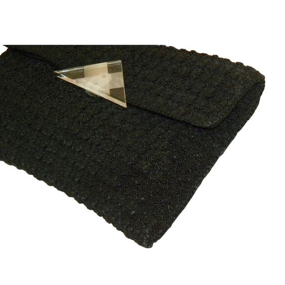 40's Large Black Cordé Envelope Clutch Bag w Lucite Decorative Clasp - Picture 6 of 10